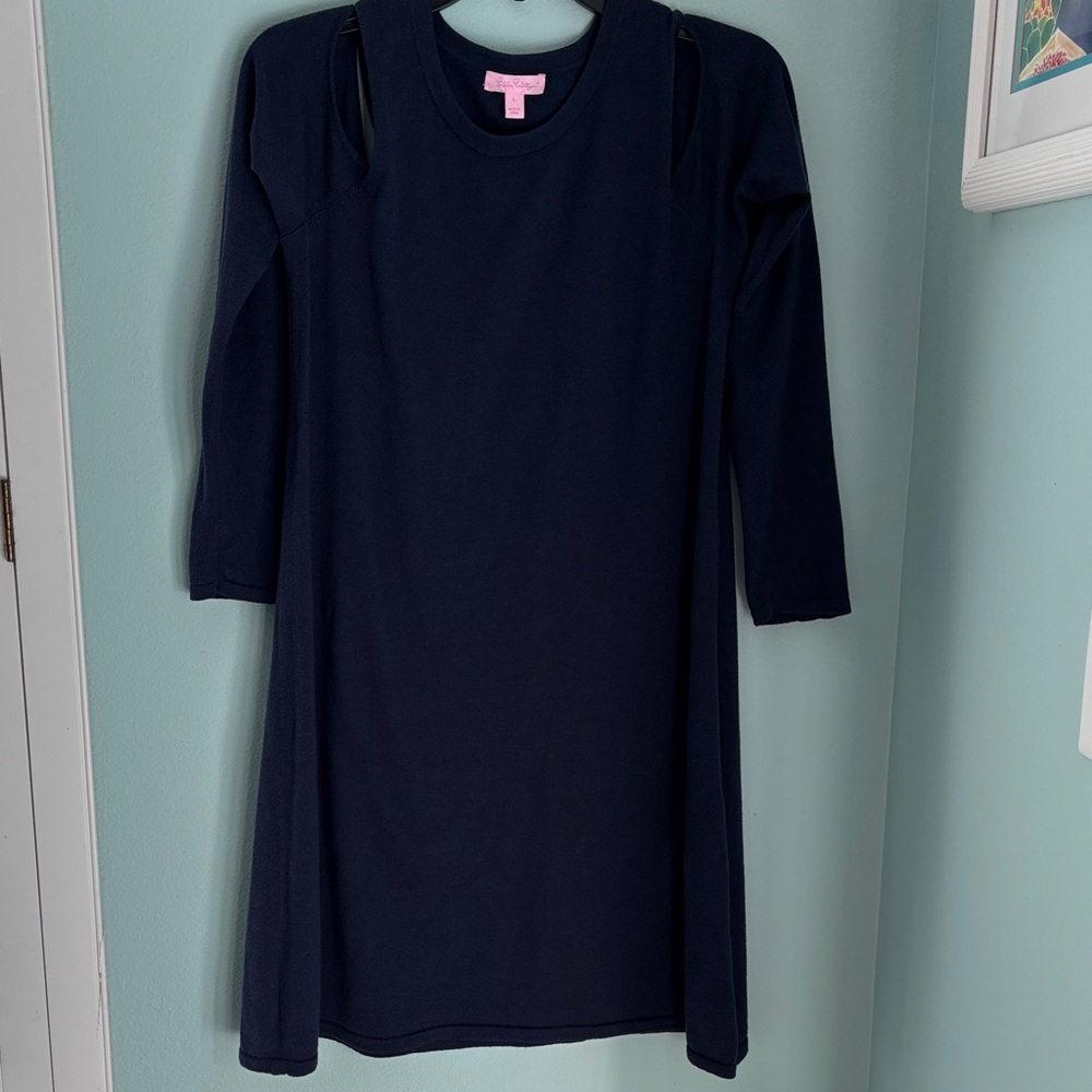 Lilly Pulitizer Blue Sweater Dress with Cold Shoulder Cutouts.  Size Large